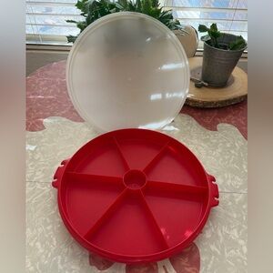 Vintage Tupperware Red Divided Pizza Pie  Relish Party Travel Tray Container